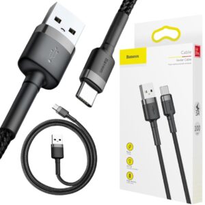 KABEL USB-A / USB-C Baseus Cafule CATKLF-BG1 100cm 3A QC 3.0 CZARNO-SZARY W NYLONOWYM OPLOCIE