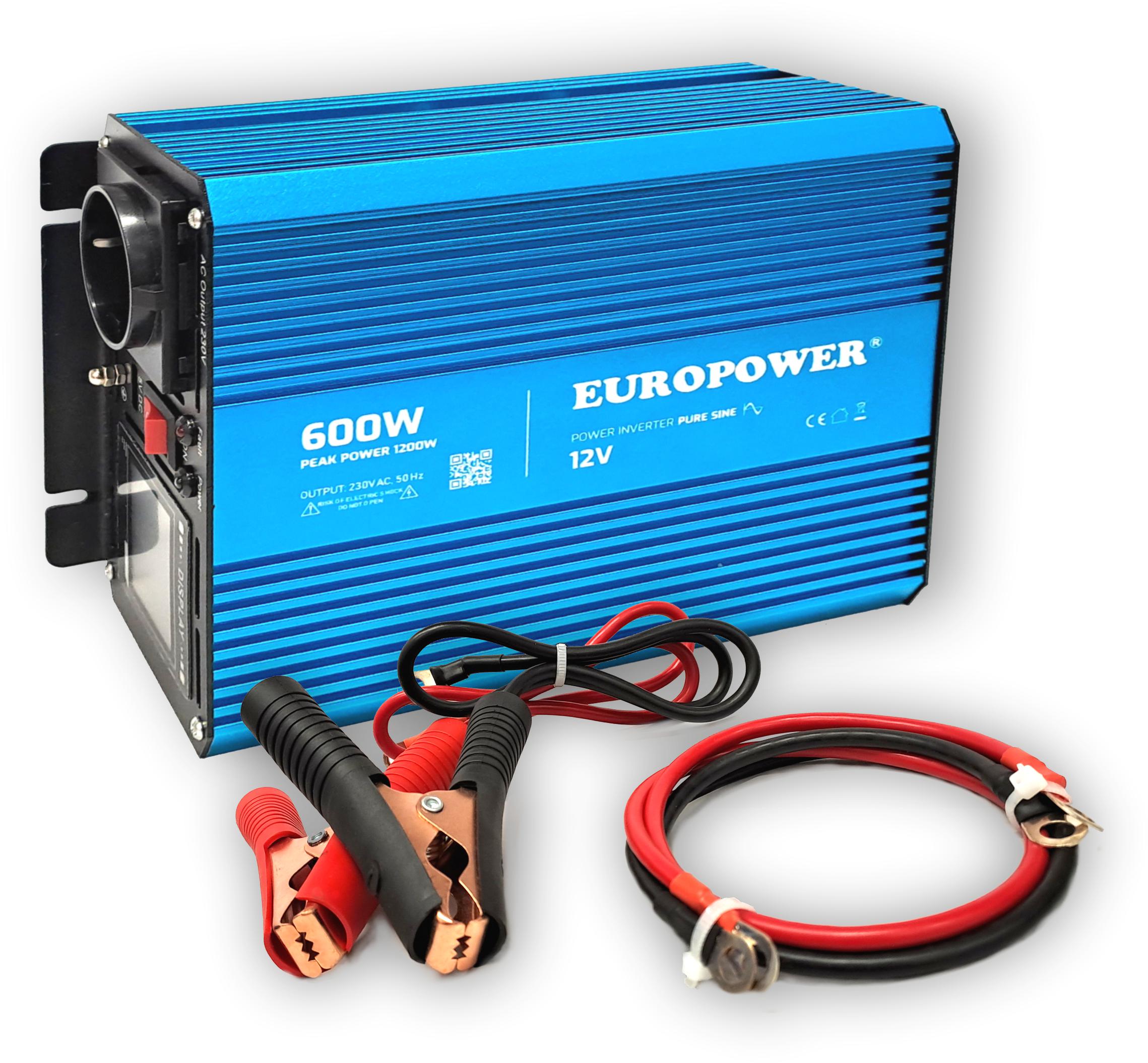 PRZETWORNICA NAPIĘCIA INWERTER EUROPOWER 12V DC / 230V AC 600W / 1200W CZYSTY SINUS