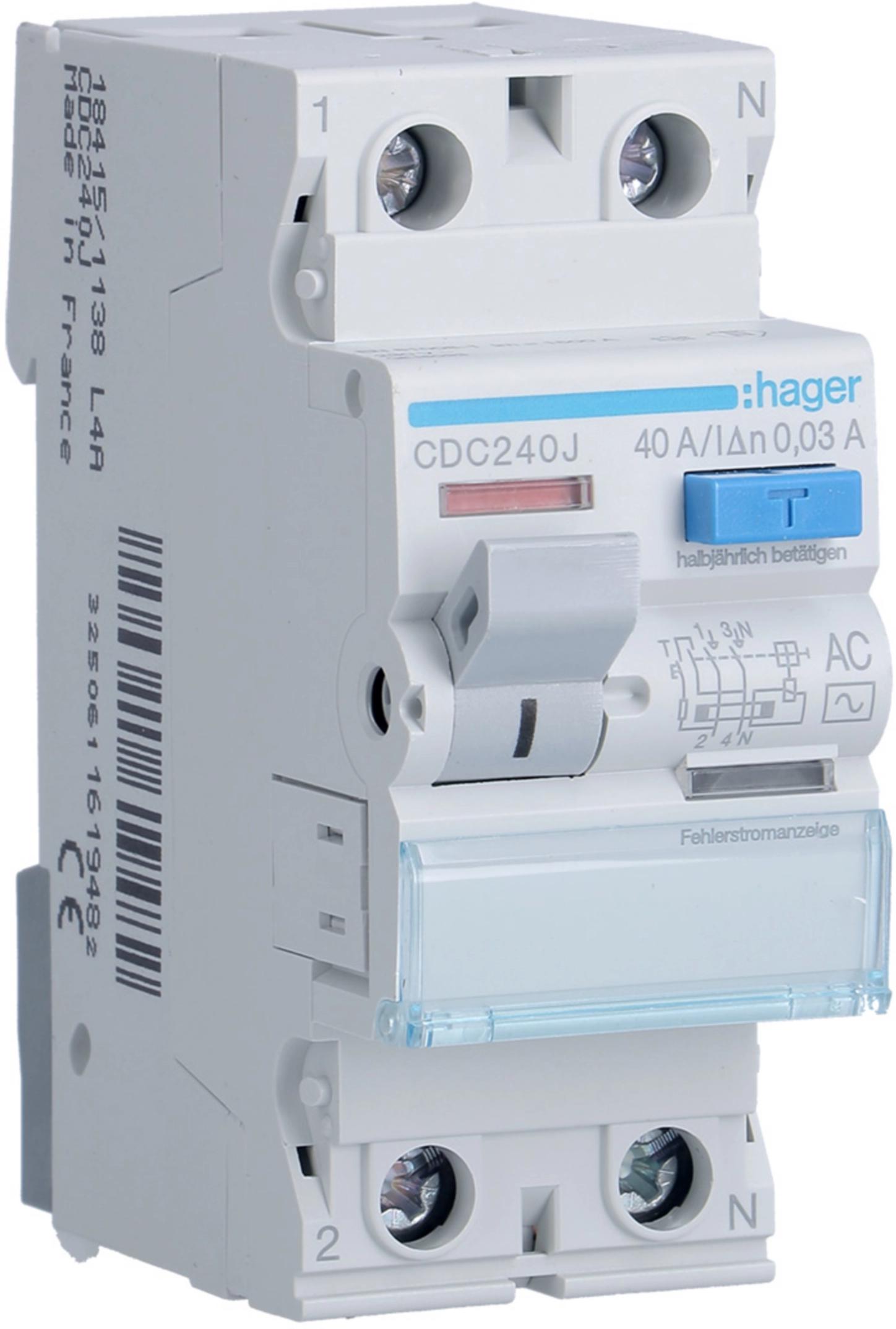 Wyłącznik różnicowoprądowy 1P+N 40A 30mA 6kA AC HAGER CDC240J