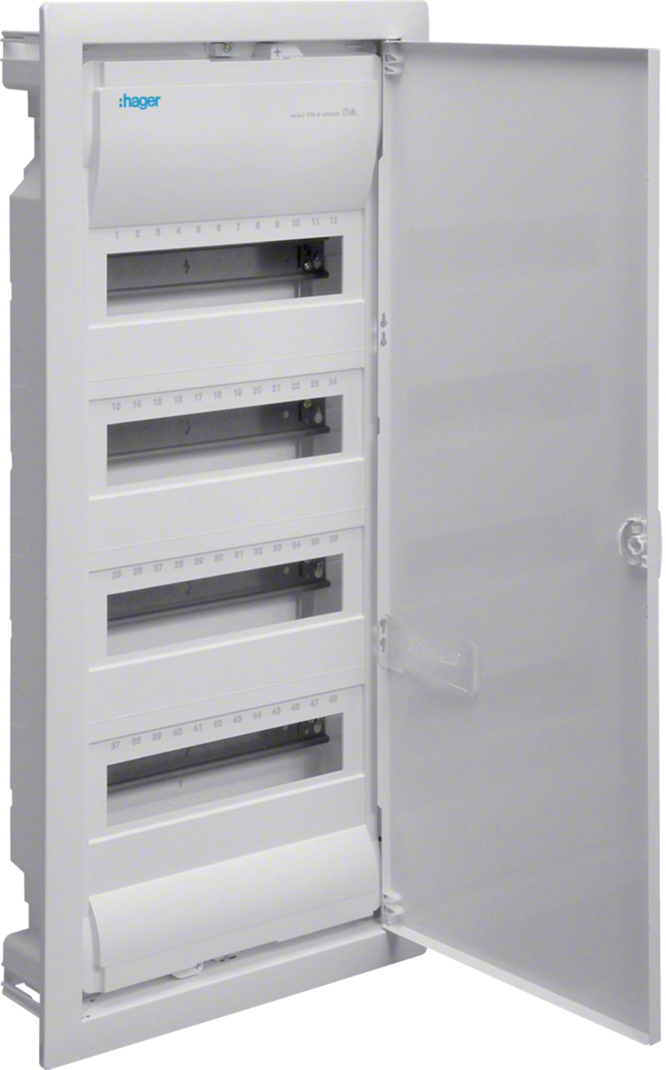 Rozdzielnica podtynkowa z drzwiami metalowymi, 4 rzędy, 48 modułów, IP30, HAGER Volta VU48NE