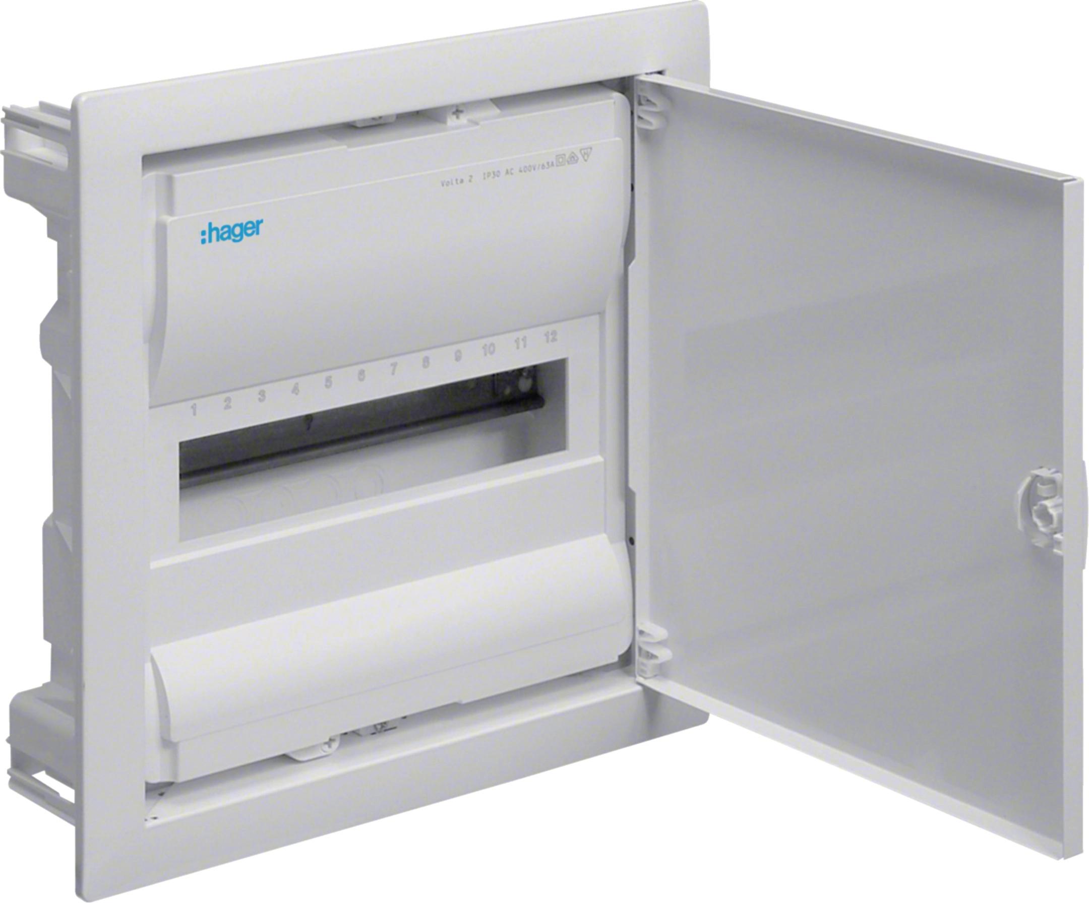 Rozdzielnica podtynkowa z drzwiami metalowymi, 1 rząd, 12 modułów, IP30, HAGER Volta VU12NE