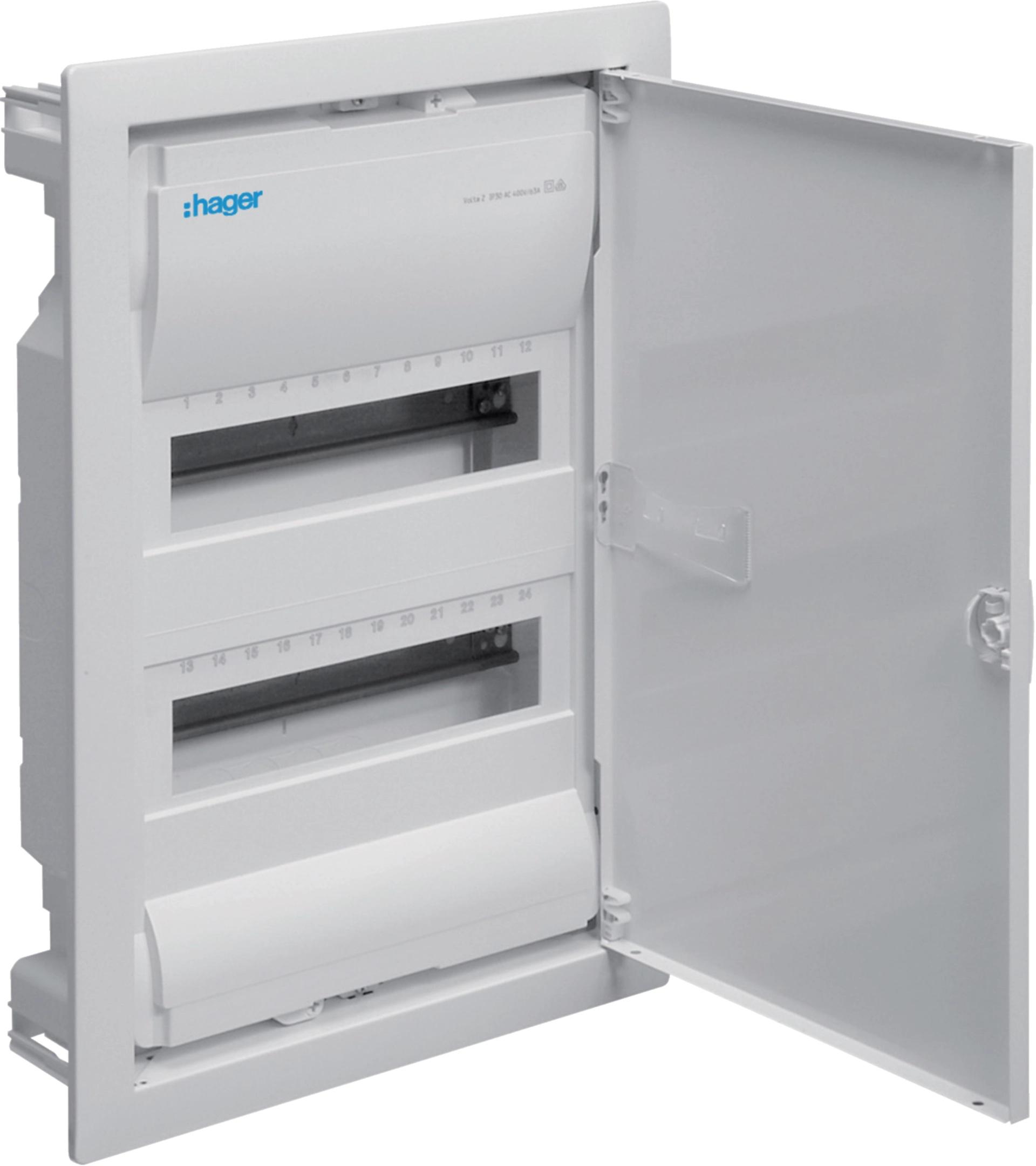 Rozdzielnica podtynkowa z drzwiami metalowymi, 2 rzędy, 24 moduły, IP30, HAGER Volta VU24NE