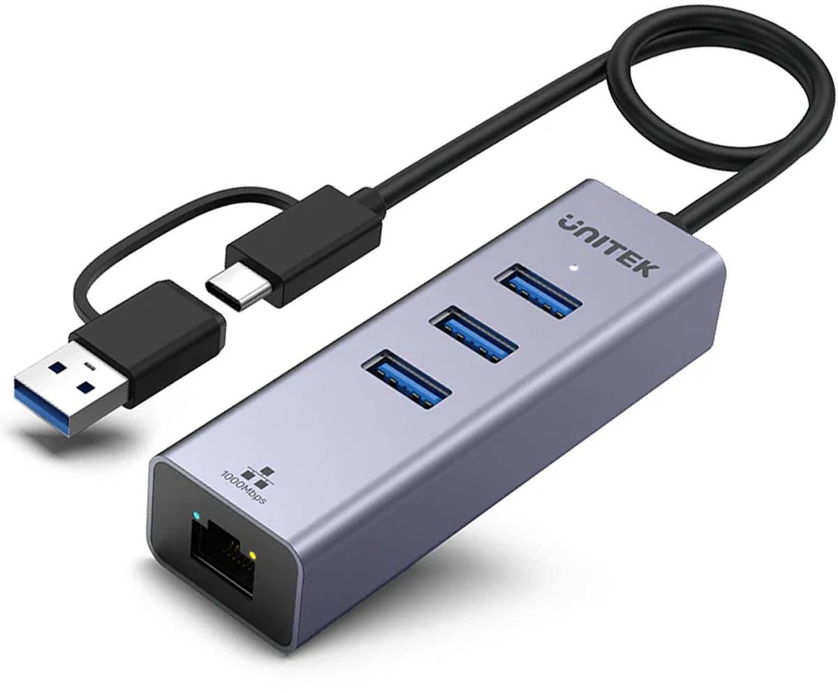 Unitek Hub USB C 4w1 Ethernet 3 x USB A 5 Gbps z adapterem USB A - obrazek 2