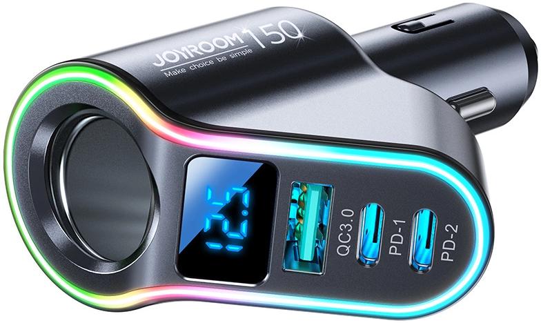 Joyroom szybka ładowarka samochodowa 4w1 USB-A QC3.0 / 2xUSB-C PD 150W czarna - obrazek 2